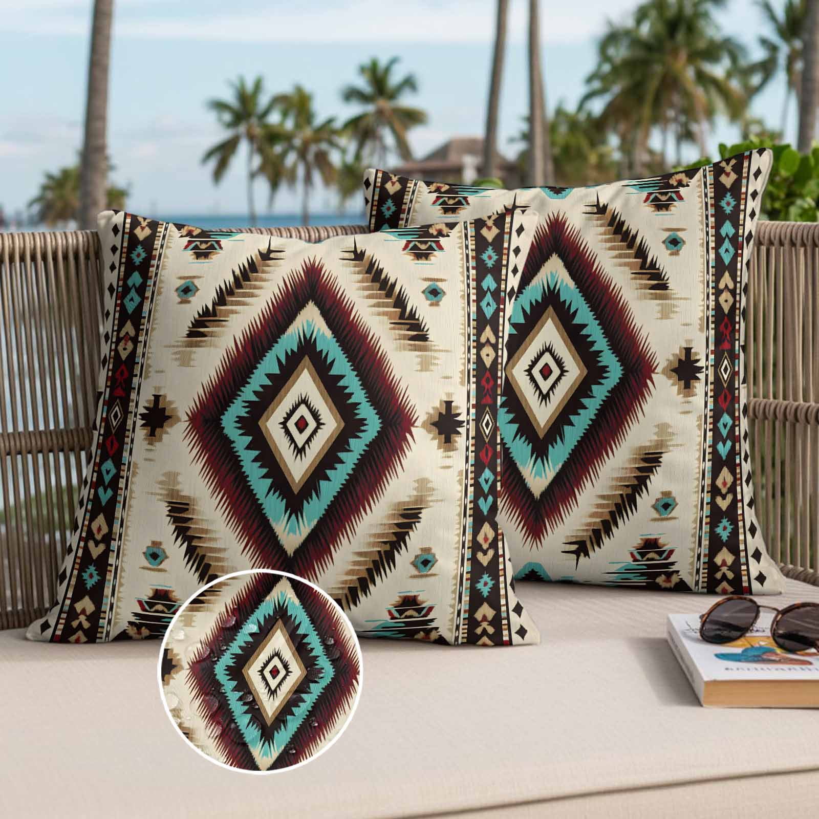 Boho Red Teal Brown Outdoor Pillow Covers, Waterproof Decorative Throw Pillowcases Set of 2, Southwestern Abstract Geometric Couch Cushion Cases with Zipper for Outside Patio Garden Sofa 18"x18"