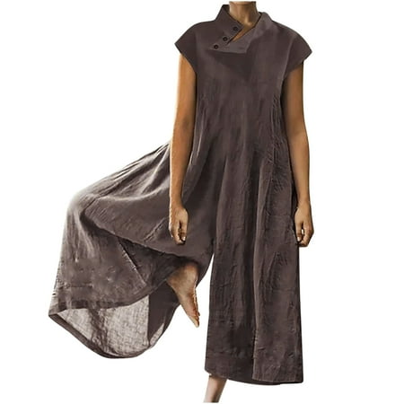 

Atinetok Jumpsuits for Women Dressy Casual Solid Cotton Linen Plus Size Button Jumpsuits Overalls Summer Stand Neck Short Sleeve Plain Long Formal Rompers Brown XXXXL