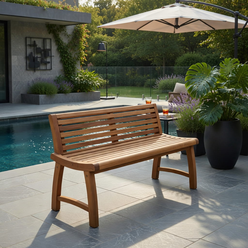 Hommoo Teak Wood Outdoor Backless Garden Bench, Contoured Slatted Seat, Easy 3-Step Assembly for Patio, Porch & Backyard, Natural
