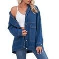 thumbnail image 2 of Women'S Jean Jacket Oversized Boyfriend Button Up Long Sleeve Split Denim Jackets Dark Blue S, 2 of 9