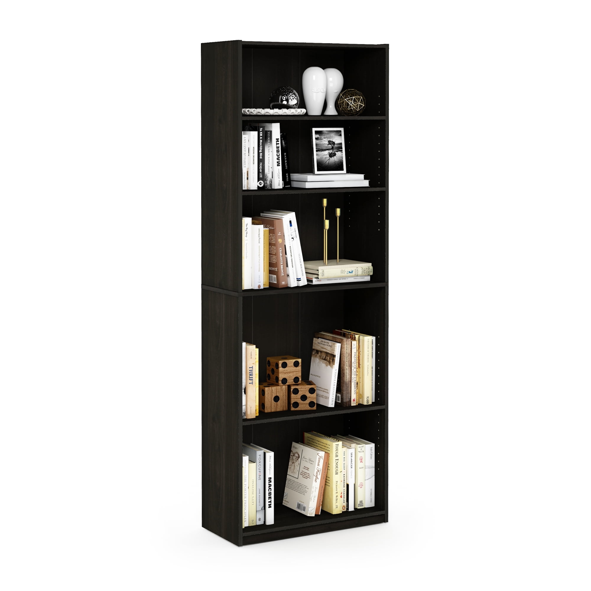 Furinno JAYA Book Shelf, 5-Tier Bookshelf, Bookcase with Adjustable Shelves, 9.5 x 24.5 x 71.2, for Living Room, Bedroom, Home Office, Black Espresso