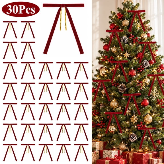 XALMERIQ 30 Pcs Red Velvet Bows for Christmas Tree, 5x7 Inch Vintage Burgundy Xmas Bows Ornaments for Tree, Wreaths, Garland, Gifts, Holiday Decor