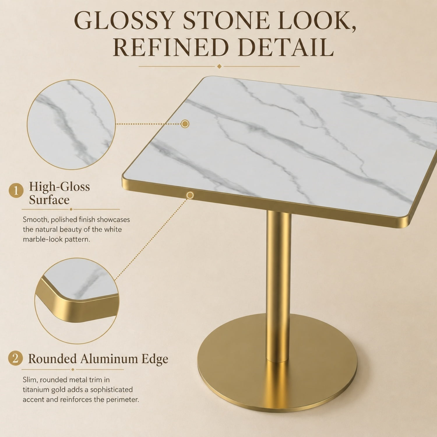 Miniyam 31.5 in Square Dining Table, Glossy Marble-Look Small Kitchen Table with Titanium Gold Feet, White Gray Vein
