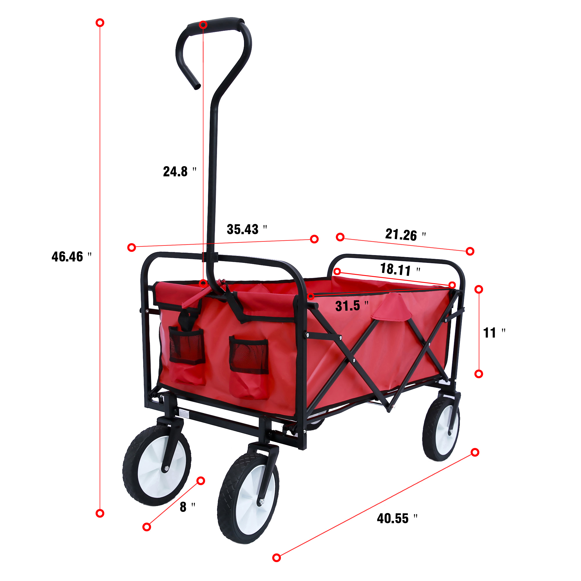 Beach Wagons with Big Wheels for Sand, Sturdy Steel Frame Collapsible Wagon, Foldable Wagon, Grocery Wagon with 2 Mesh Cup Holders, Adjustable Handle for Garden Shopping Picnic Beach, Red, Q3809 - image 4 of 11