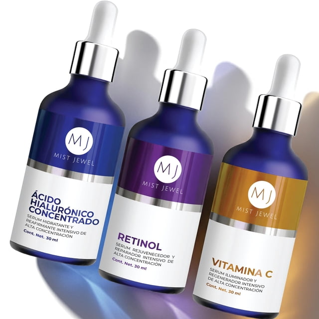 MIST JEWEL Kit sueros faciales Acido Hialurónico, Retinol y Vitamina C + E | Conjunto de serums completo para rejuvenecer, proteger y cuidar el cutis antiedad (KIT facial complete)