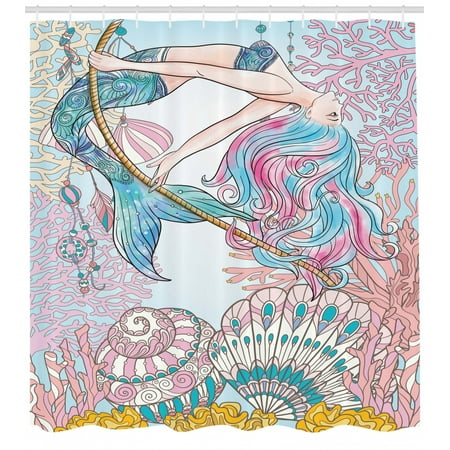 Mermaid Shower Curtain, Cartoon Mermaid in Sea Sirens of Greek Myth Female Human with Tail of Fish Image, Fabric Bathroom Set with Hooks, Pink Blue, by Ambesonne