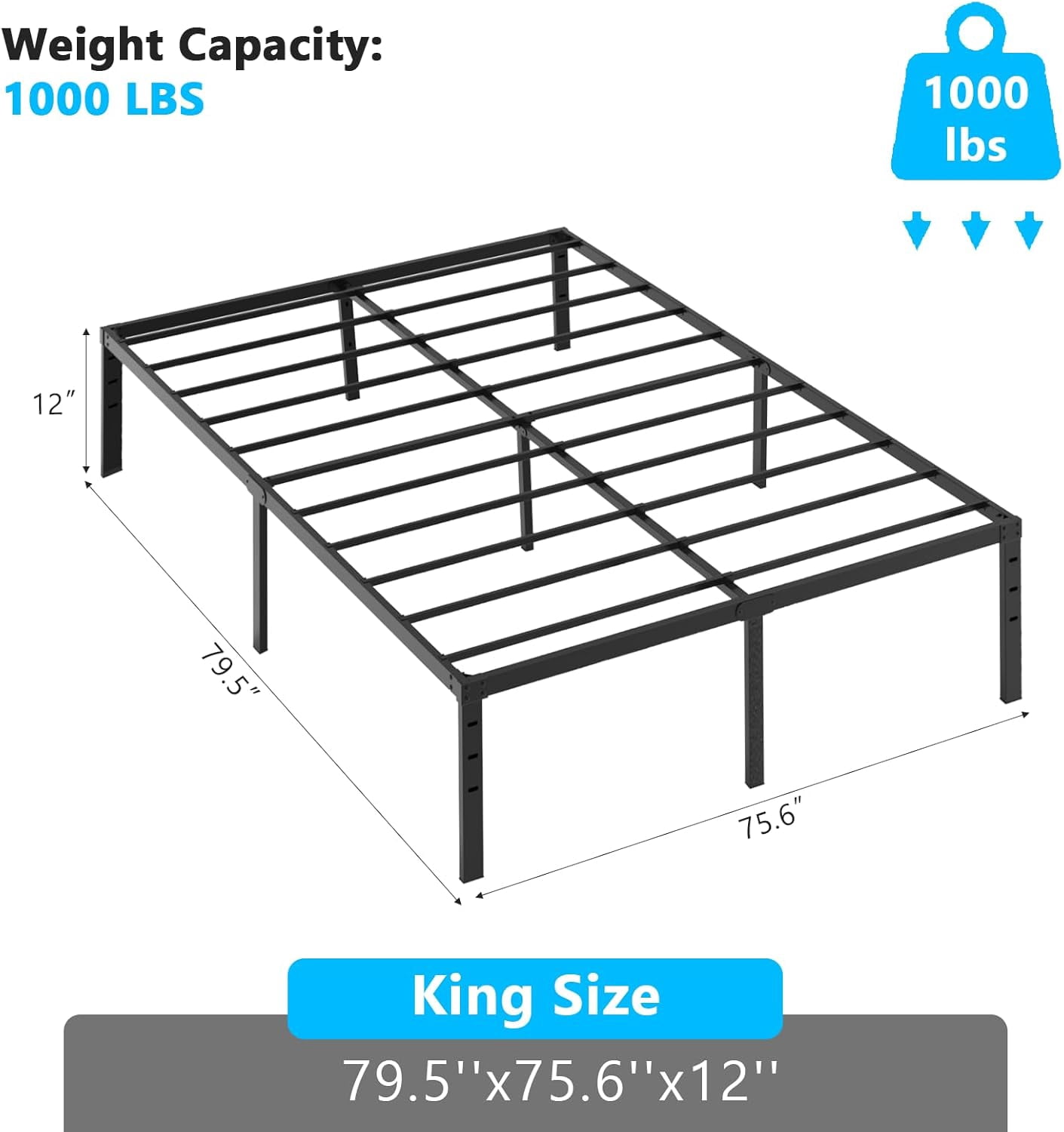 HJTER King Size Bed Frame 12 Inch Platform Bed Metal Mattress Foundation,Heavy Duty Steel Slat Support,No Box Spring Needed,Black