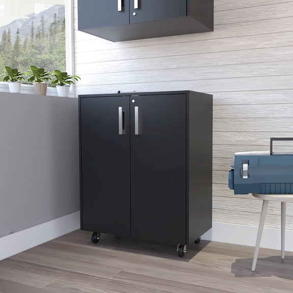 Casters - Mounted Double - Door Black Storage Unit | For Outdoor Shed, Stores Gardening Tools
