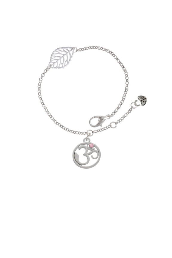 Silvertone Om in Circle with Pink Crystal - Silvertone Leaf Delicate Bracelet, 6.25+1.75"