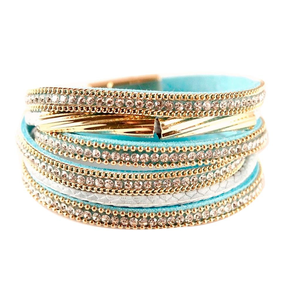 BANGLES Oasis Turquoise Color LEATHER BRACELET Silver and Gold tubes 