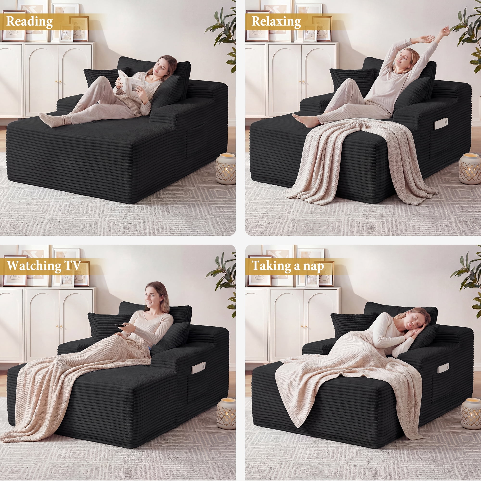 67" Corduroy Boneless Chaise Sofa for Living Room, 9.9'' Wide Armrest Lounge Chair, Indoor Oversized Sleeper Sofa, Deep Seat, 3 Soft Pillows Sofa Bed, No Assembly Required, Black