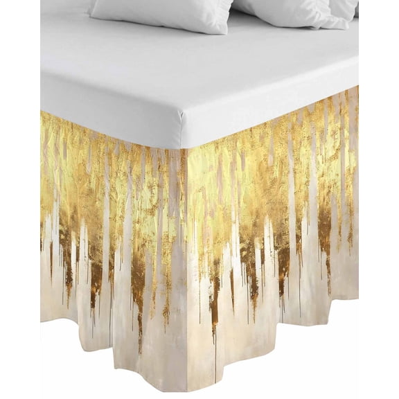 Abstract Gold Wrap Around Bed Skirts for Queen Bed 16" Drop,Bed Skirt with Adjustable Elastic Belt Dust Ruffle Bed Valance for Bedroom Hotel Luxury Modern Brush Luxury Strokes Artwork Bed Frame Cover