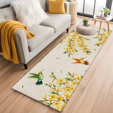 2'x6' Rug Runners for Hallways Kitchen, Spring Floral Non Slip Entryway Beside Floor Carpet Runner, Watercolor Forsythia Flowers Hummingbirds Beige Laundry Room Bedroom Throw Rugs Mat for Family Pet