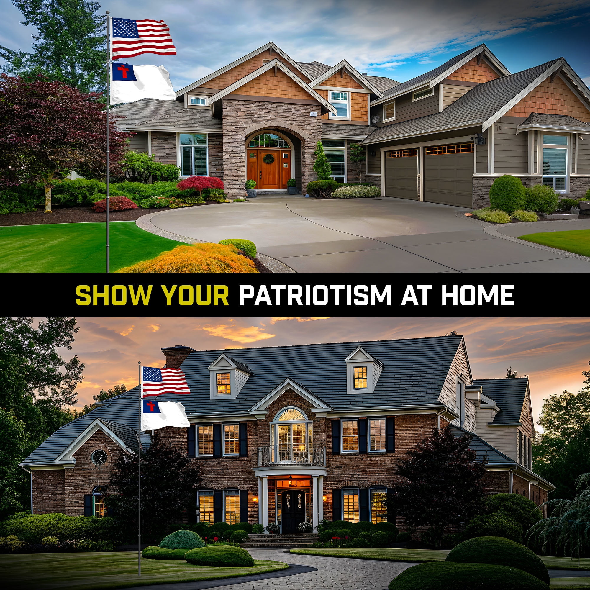 G128 Combo Pack: 25 Ft Telescoping Aluminum Flagpole (Black) & American and Christian Flags 3x5 Ft, Both StormFlyer Series Embroidered 220GSM Spun Polyester | Pole with Flags Included