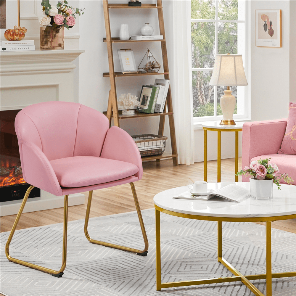 Alden Design Modern Faux Leather Accent Chair with Golden Metal Legs for Living Room, Simple Pink