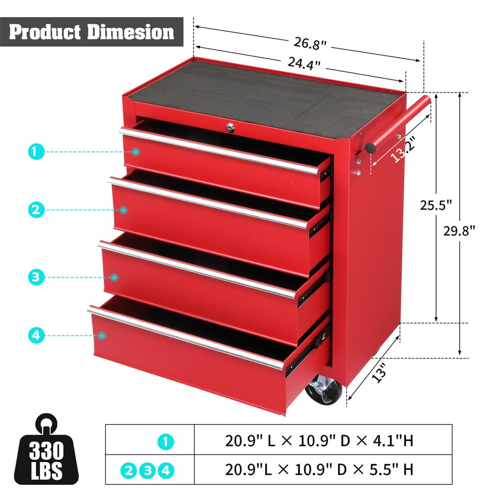 Tcbosik 4-Drawer Tool Chest with Wheels, Heavy Duty Rolling Tool Cabinet, Lockable Tool Organizer for Garage, Warehouse, Repair Shop, Red