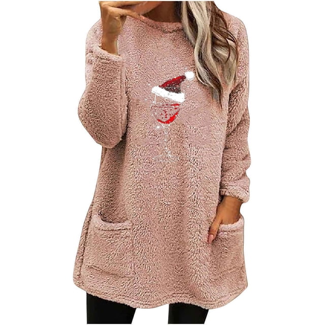 Pisexur Chandails en Molleton de Noël pour Femmes en Polaire Douce à Manches Longues Col Rond Imprimé Verre de Vin Rouge Chandail-Over Chaud d'Hiver avec Poches