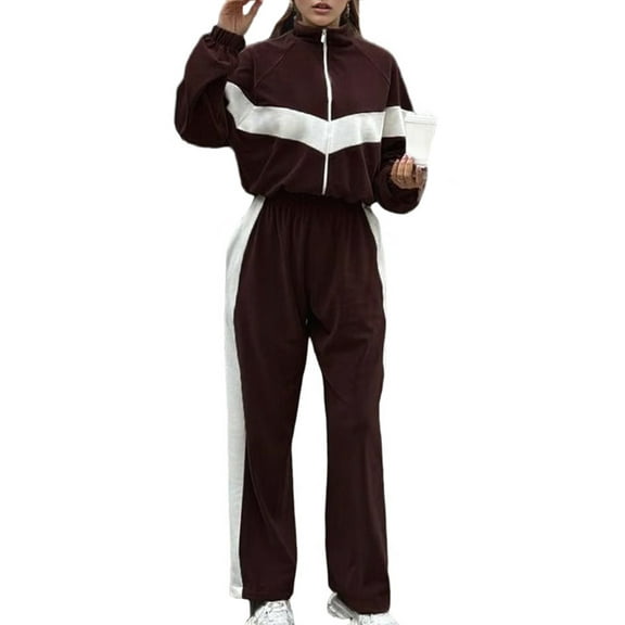 Women'S 2 Piece Lounge Outfits Zip Up Sweat Set Contrast Striped Wide Leg Jogging Pants Travel Track Suit Brown XL