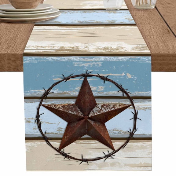 nqOlkjepod Beige Blue Star Table Runner 70 Inches Long Farmhouse Dress Scarves, Texas Star Wooden Retro Dining Tablerunner for Coffee Table/Kitchen Island/Party Décor, 13" x 70"