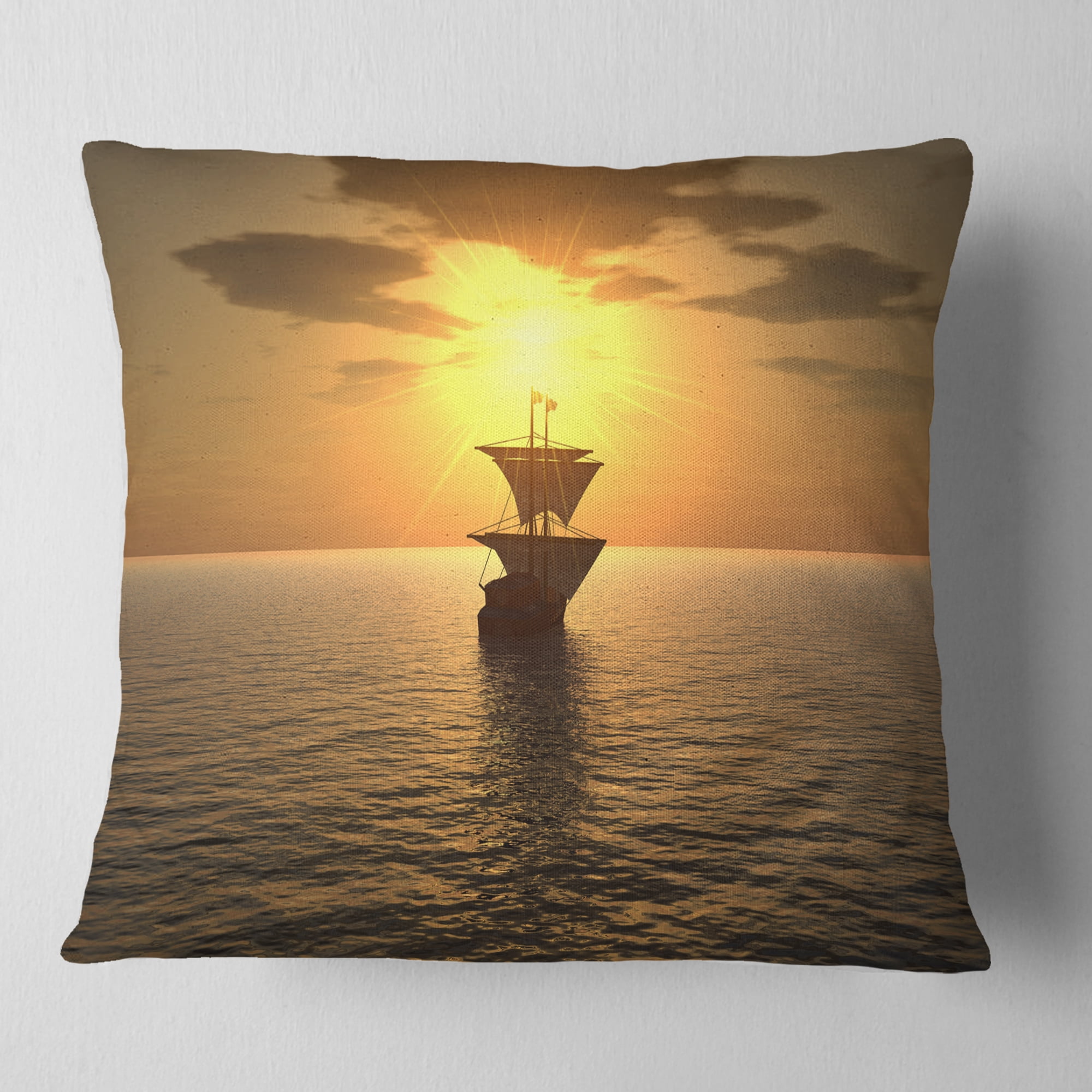 Designart Ship and Sunset - Seascape Photography Throw Pillow - 18x18
