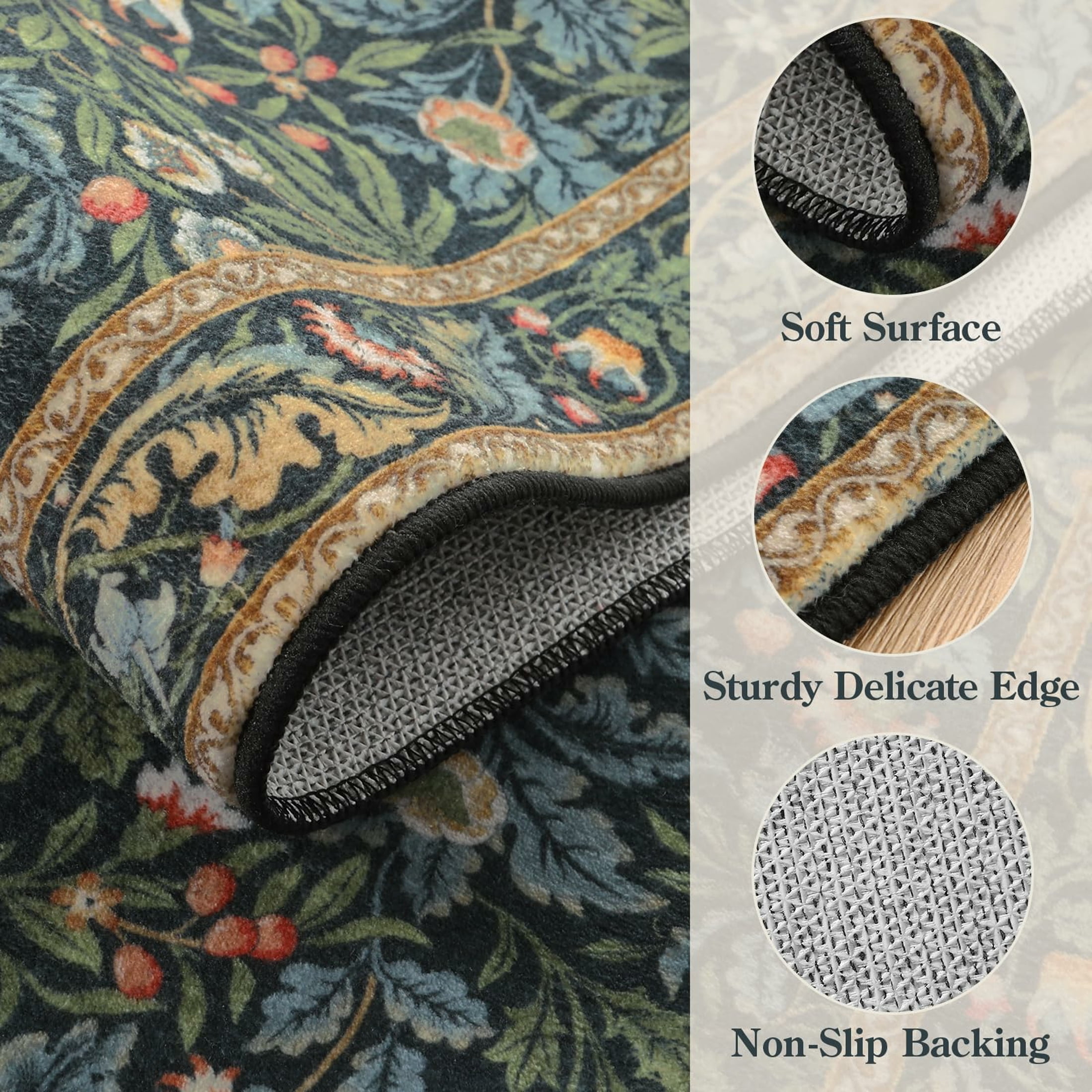 Moynesa 8'x10' Vintage Bird Washable Rugs for Living Room, Green Botanical Floral Large Area Rugs for Bedroom, Non-Slip Soft Natural Rugs for Dining Room, Accent Carpet for Under Table Apartment