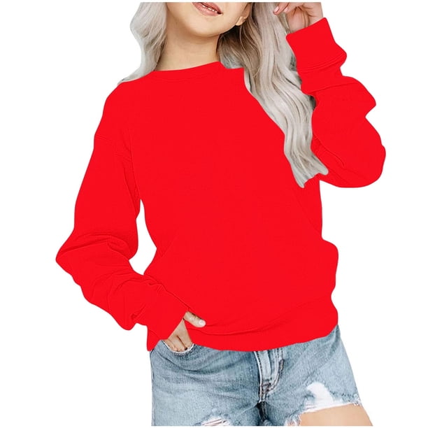 Sudadera Meitianfacai para niñas pequeñas y grandes, informal, de color liso, con cuello redondo, manga larga, estilo túnica, entallada, para otoño, sudadera roja para niñas, talla 9-10 años