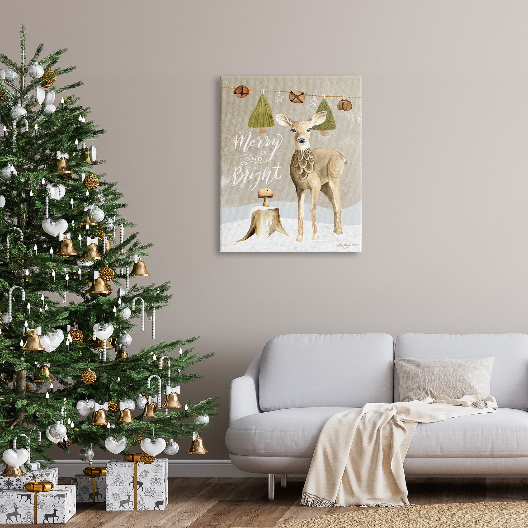 Deer & Jingling Bells Snowy Winter Scene Calligraphy Animals & Insects Graphic Art Gallery-Wrapped Canvas Print Wall Art