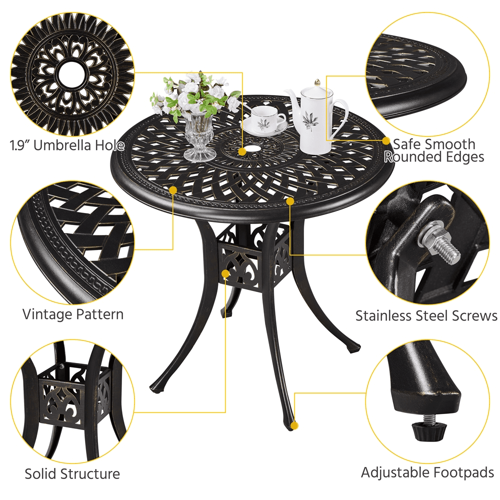 Alden Design 31in Round Cast Aluminum Patio Bistro Table with Umbrella Hole for Outdoor, Bronze