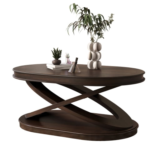 Mesa de café oval de madera de 44 pulgadas con base en forma de X, Mesa de cóctel con almacenamiento abierto, Mesa del centro del sofá para la sala de estar