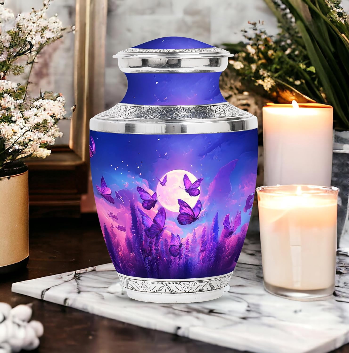 Purple Butterfly Moonlight Urn, Cremation Urn for Human Ashes, Urns for Human Ashes Adult Female, Large Cremation Urns for Ash Vase, (Size 10 Inch, 1 Pc)