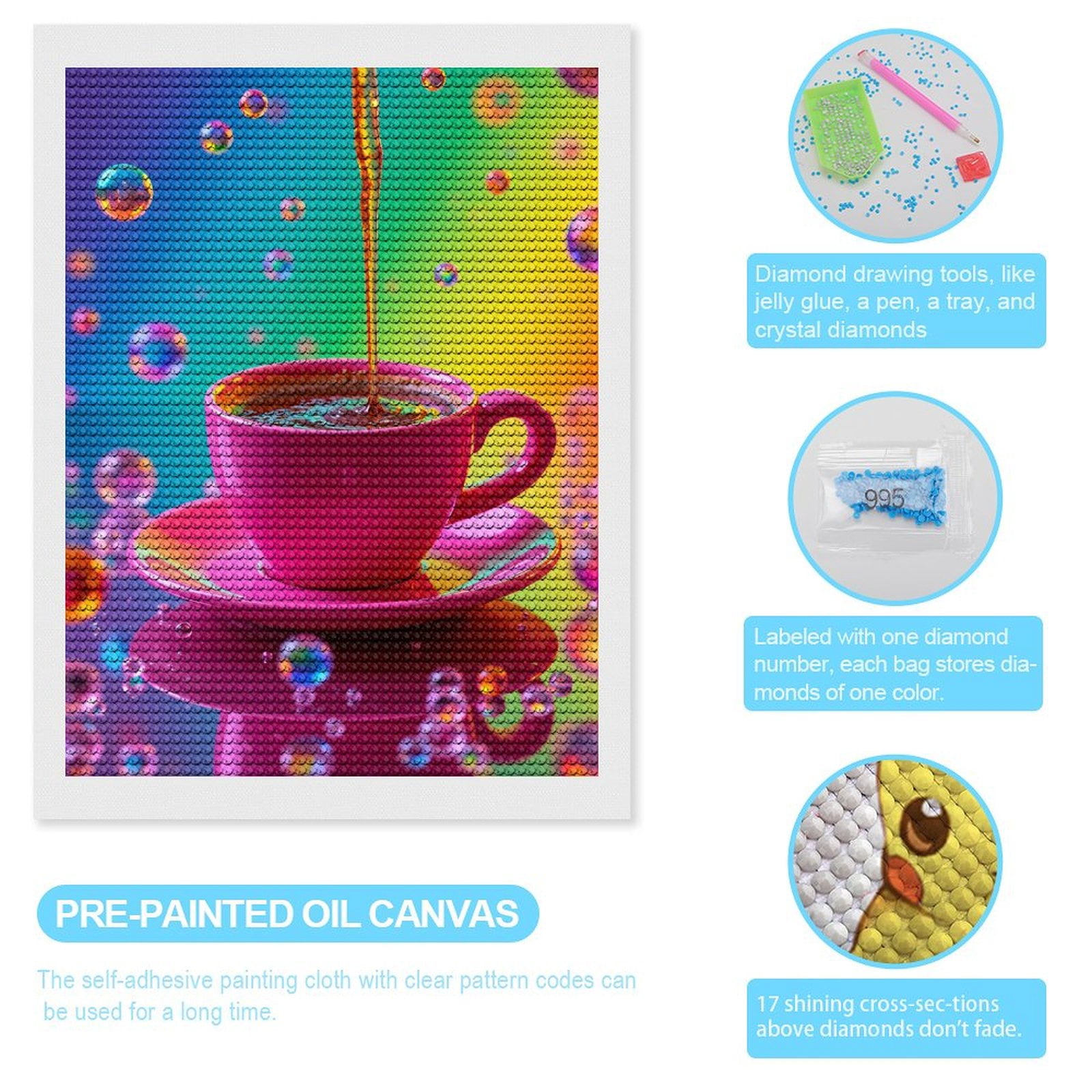 Diamond Art Kits for Adults, Pink Cup Rainbow Bubbles Coffee 5D Diamond Painting Kits for Adults Beginners, DIY Full Drill Diamond Painting, Gem Art and Crafts 12x16
