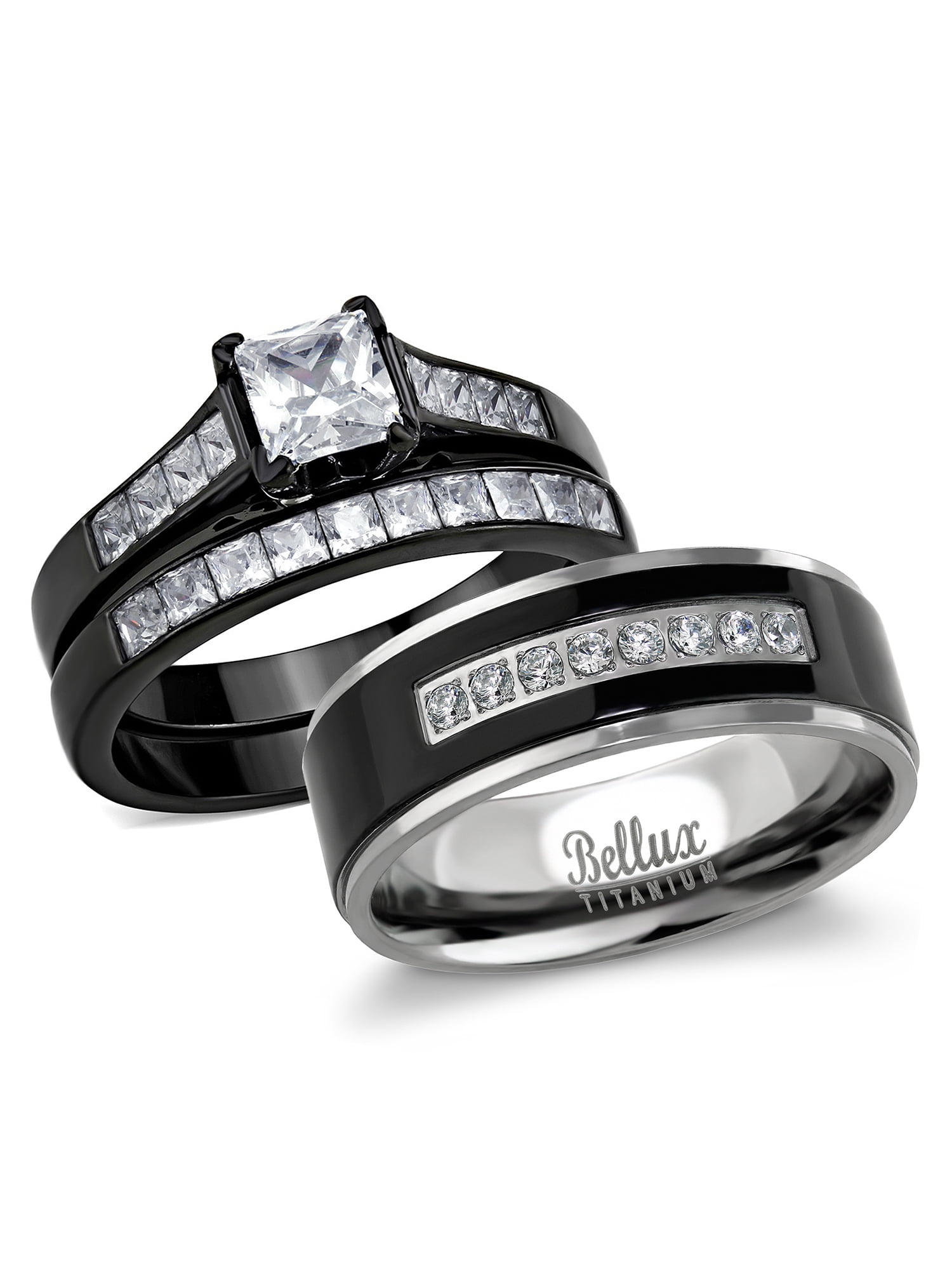 Bellux Style His And Hers Wedding Ring Sets Couples Black Stainless Steel Cubic Zirconia Bridal Sets Wedding Rings Walmart Com Walmart Com