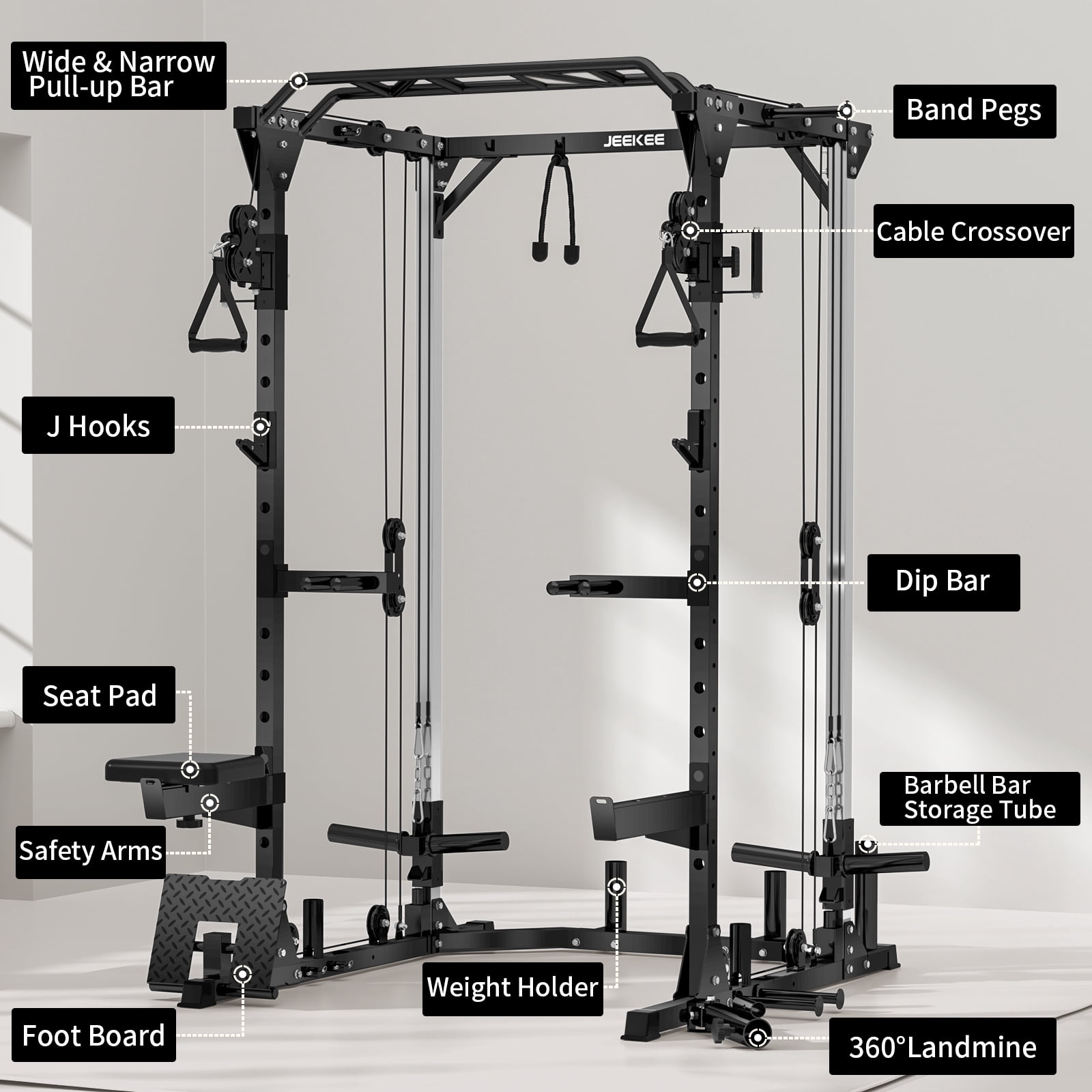 BOGYKIK 2000 lbs Heavy Duty Power Rack with Cable Crossover, Multi-Functional Squat Stand with LAT Pulldown Seat & 25 Attachments, All-in-One Home Gym Smith Machine for Garage Workout