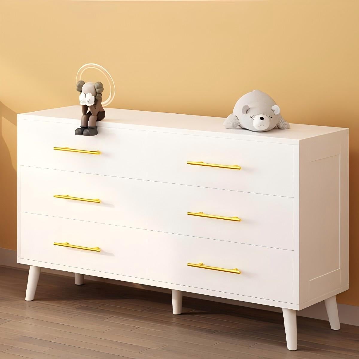 Dresser for Bedroom, Lofka 6 Double Drawers Dresser Gold Metal Handle, Deep Drawers, Smooth Metal Rail, 2-in-1 Tv Stand, White