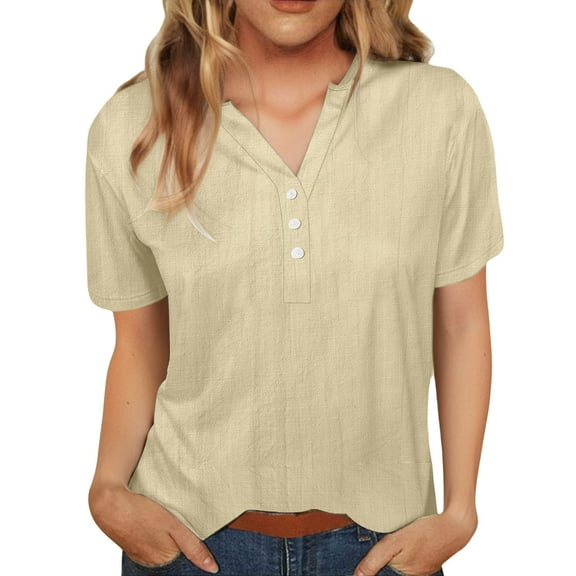 Ltctricy Women's 3/4 Sleeve Tops Casual V Neck Quarter Button Solid Color Cotton Linen T Shirts Soft Tunic Blouses