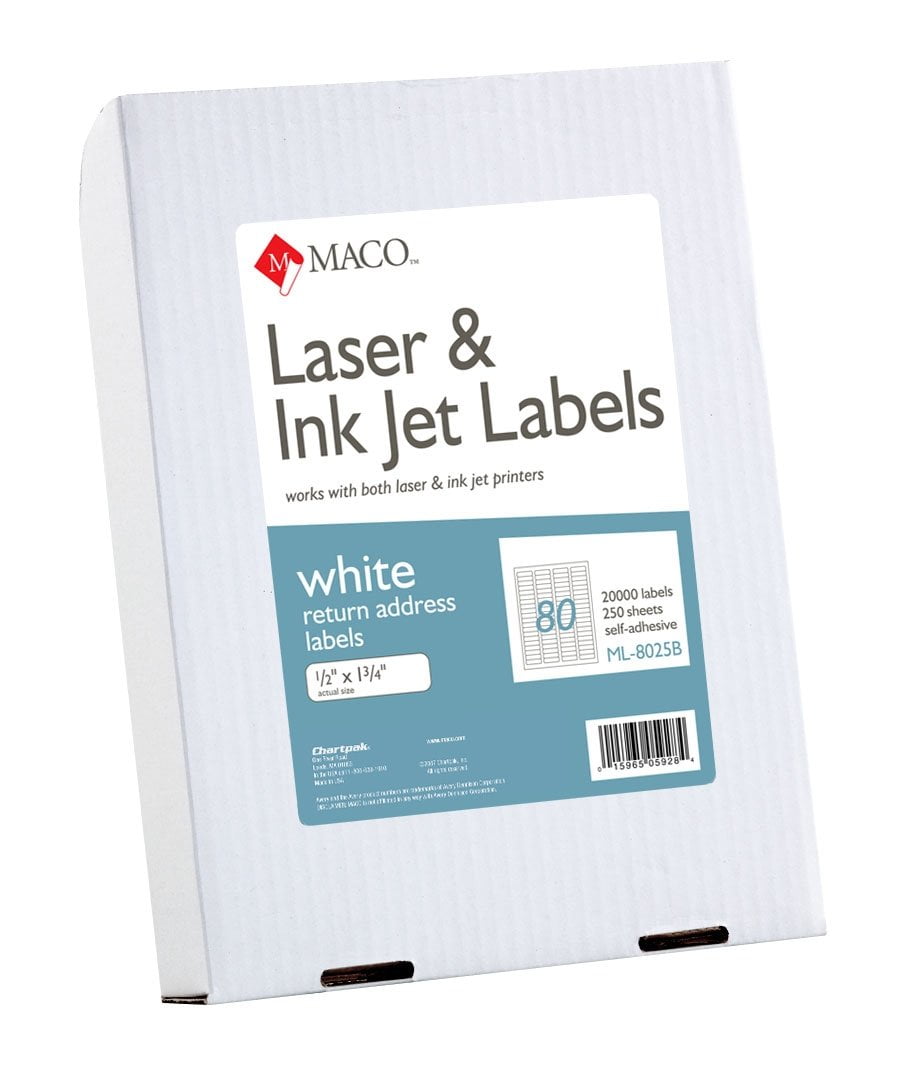 MACO Laser/Ink Jet White Return Address Labels, 1/2 x 13/4 Inches, 80 Per Sheet, 20000 Per Box