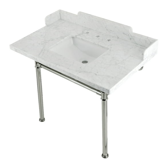 Kingston Brass LMS3622M8SQ6ST Wesselman 36" Carrara Marble Console Sink with Stainless Steel Legs (8-Inch, 3-Hole), Carrara Marble White/Polished Nickel