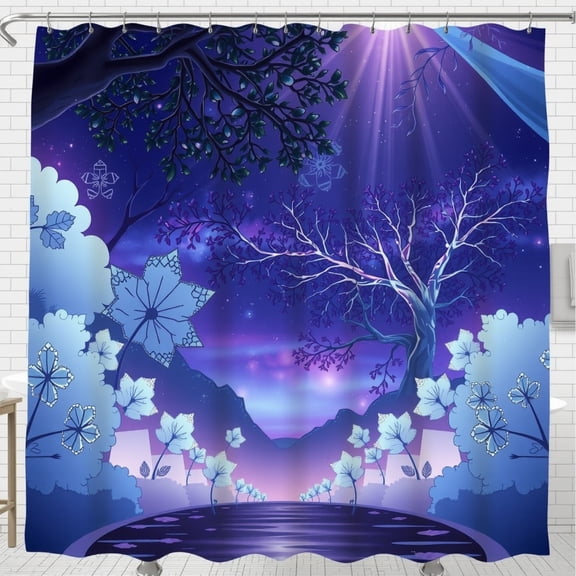 Whimsical Starry Night Shower Curtain forest with Stream & Blue Flowers - Unique Bathroom Decor