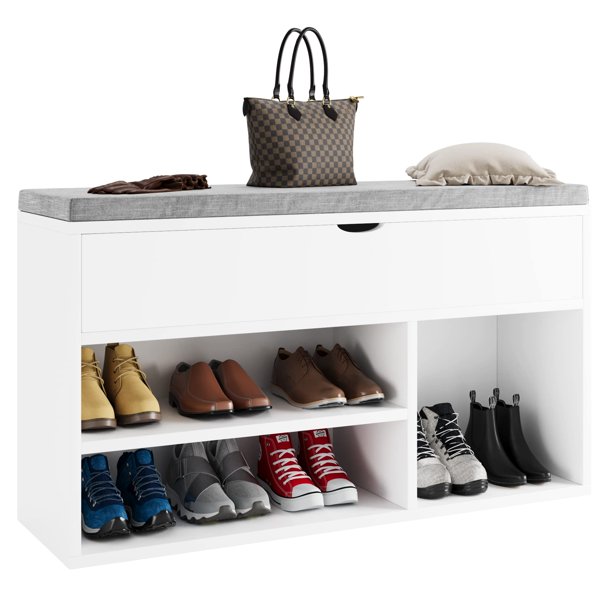 Yeshouse Banco zapatero con cojín, banco de entrada de 3 niveles con asiento acolchado y tapa abatible, organizador de zapatos de 99 cm para entrada, pasillo, sala de estar y dormitorio