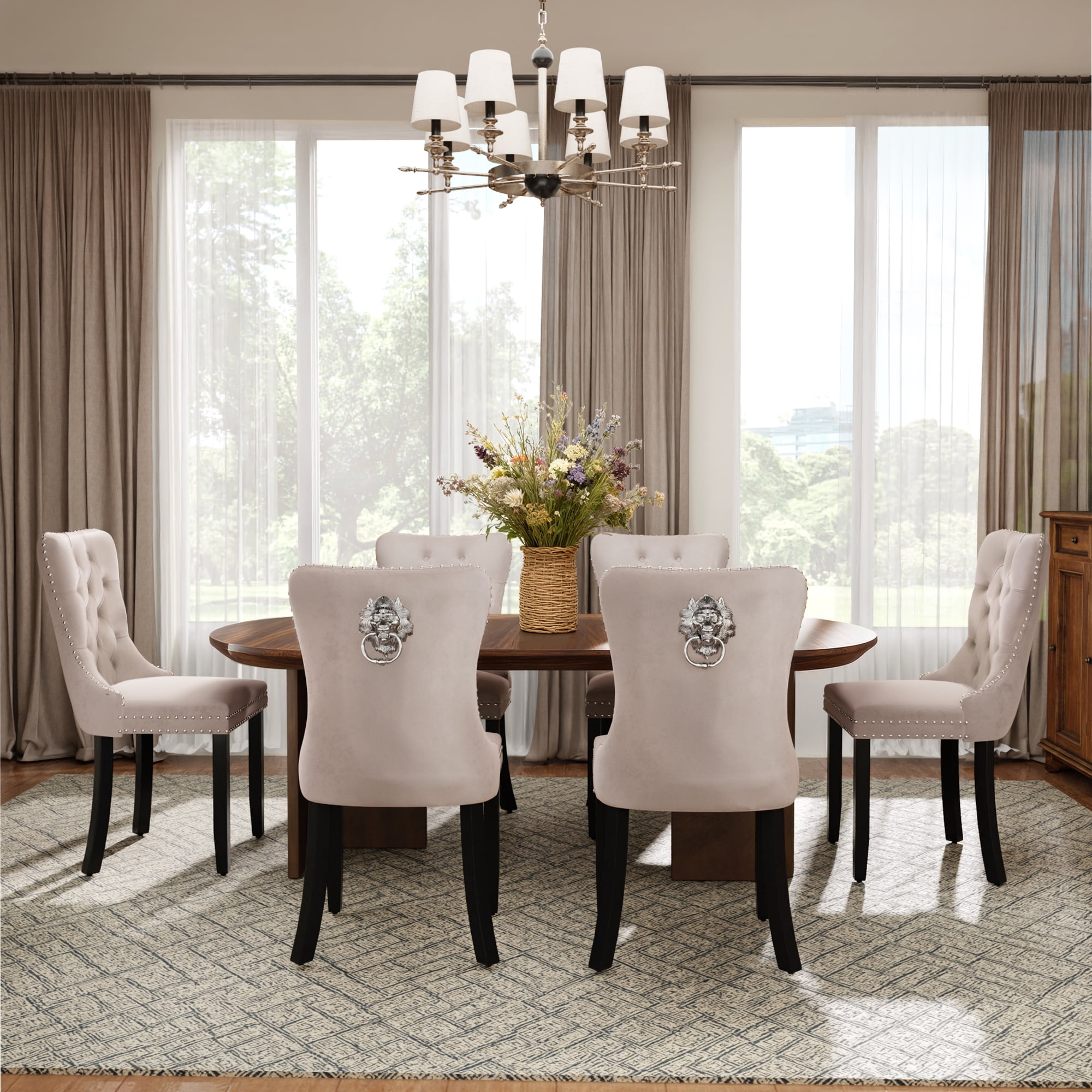 DONICK Velvet Upholstered Dining Chair Set of 2,Modern Tufted Kitchen Chairs Nailhead Lion Pull Ring Black Wood Legs(Beige)