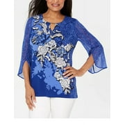 JM Collection Women's Petite Embellished Split-Sleeve Top Navy Size Petite