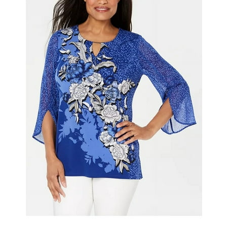 JM Collection Women's Petite Embellished Split-Sleeve Top Navy Size Petite