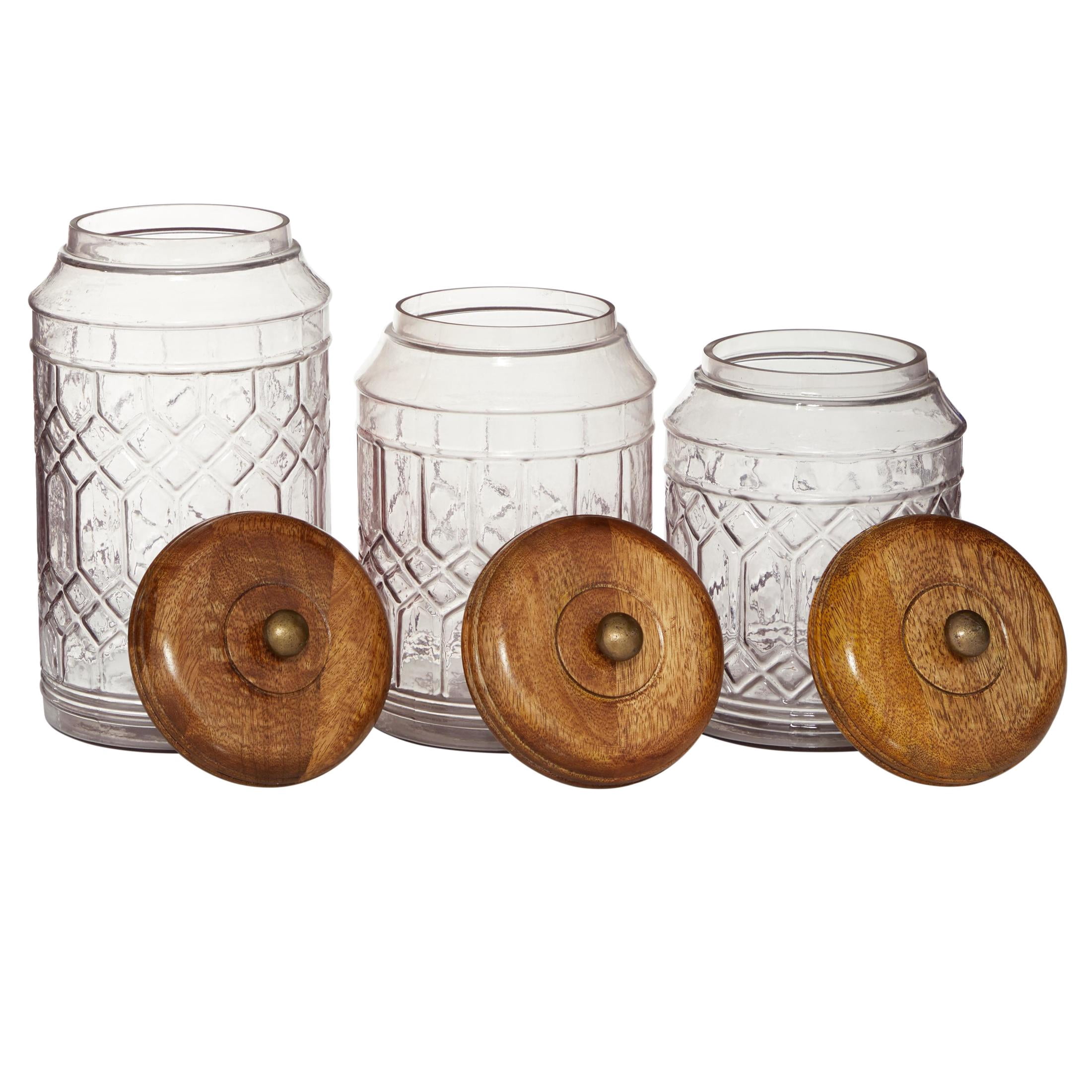 DecMode 8", 9", 11"H Clear Glass Decorative Jars with Wood Lids, 3-Pieces