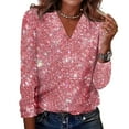 thumbnail image 2 of Sequin Tops for Women Fashion Casual Sparkly V Neck Shirts Holiday Party Sparkle Shimmer Long Sleeve Tshirts Pink L, 2 of 7