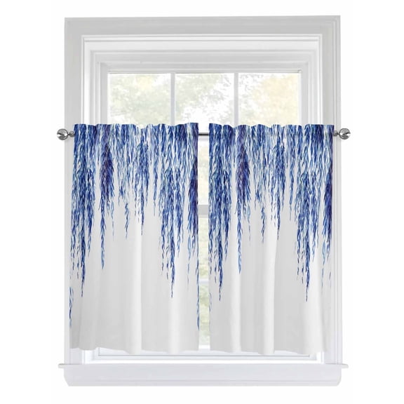 Navy Blue 2 Panel Kitchen Curtains for Windows, Summer Botanical Leaves Watercolor Bathroom Privacy Curtain, Home Décor Window Treatment for Bedroom/Living Room 55"x45"