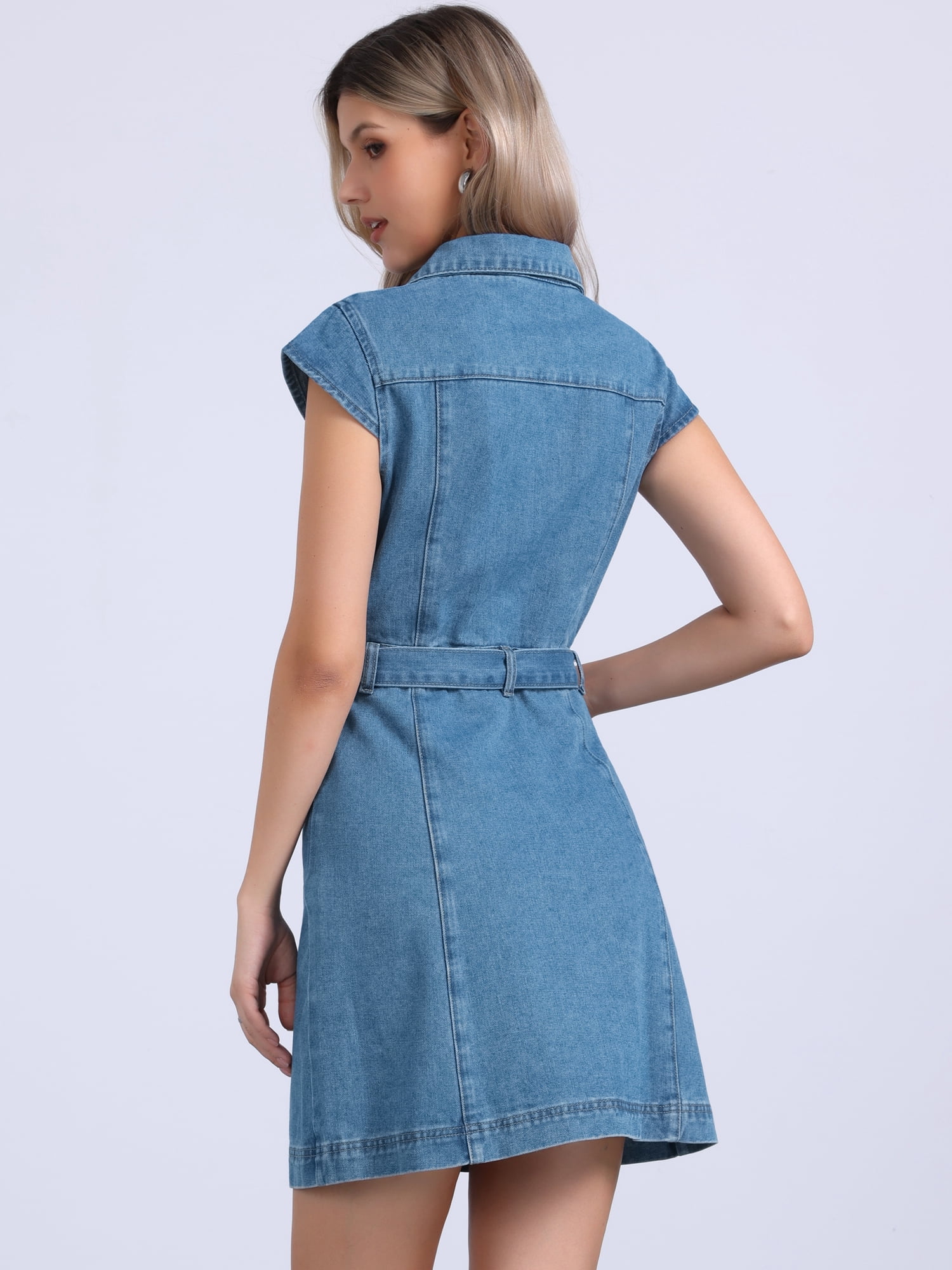 DARING DIVA Women's Cap Sleeve Belted Button Down V Neck Jean Shirt Dress S Light Blue