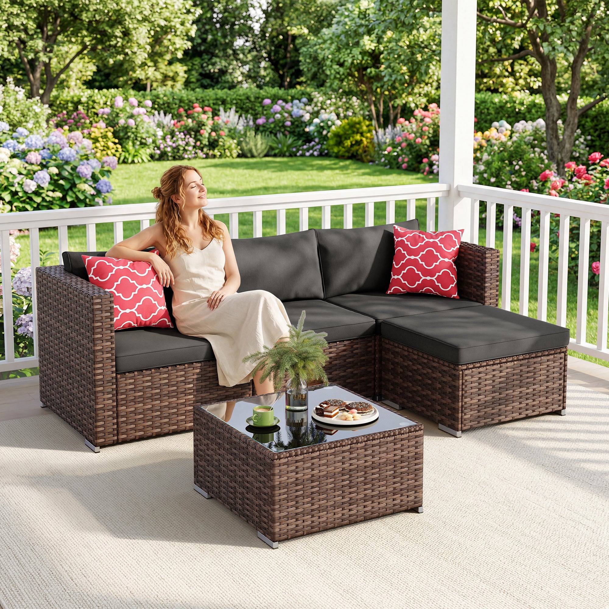 5 PCS Wicker Patio Furniture Set, PE Rattan Outdoor Sectional Sofa with Beige Cushions and Glass Coffee Table, for Backyard, Porch, Poolside & Garden - Brown Rattan, Black Cushion