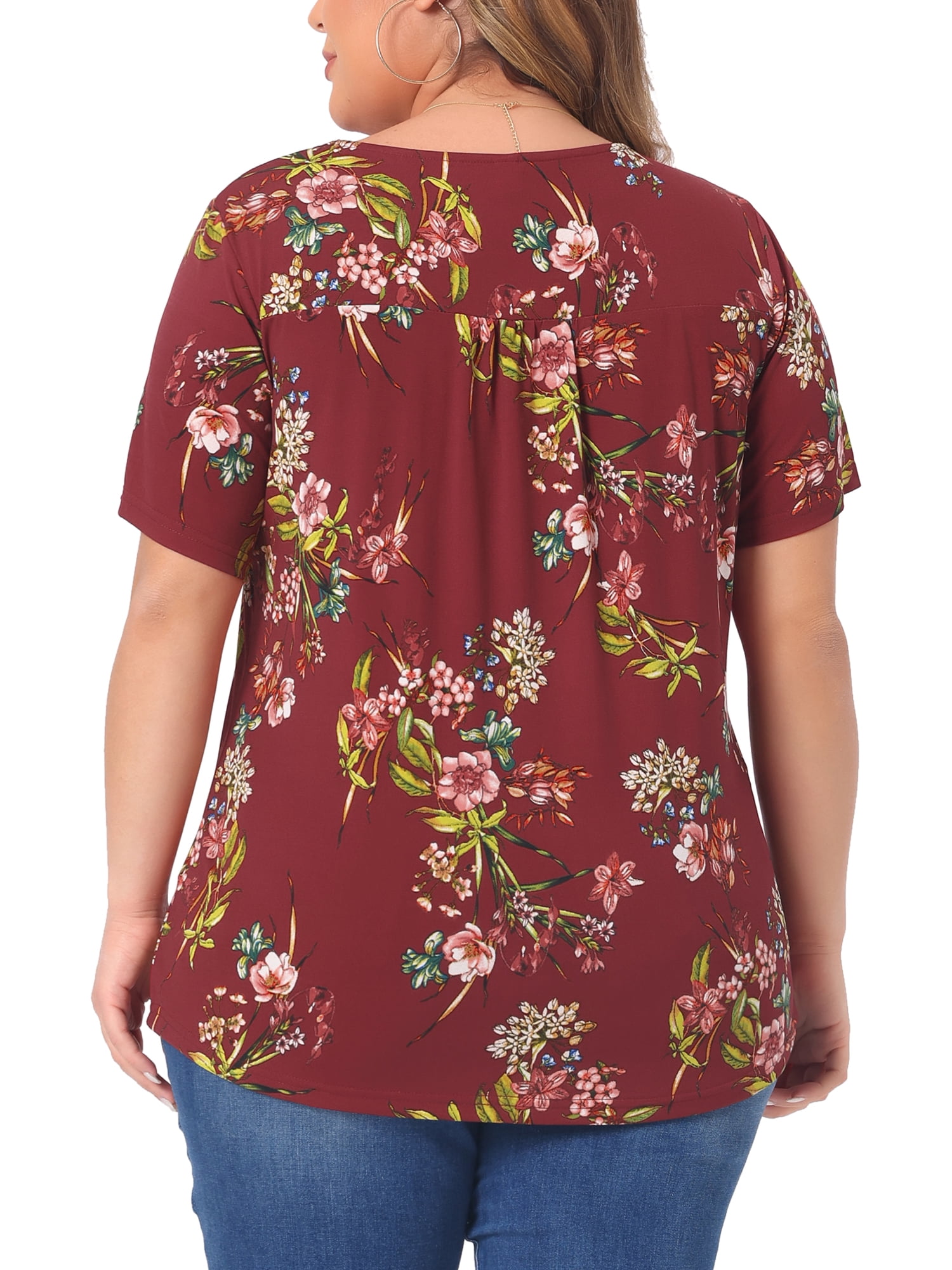 DARING DIVA Women's Plus V Neck Floral Print Casual Top 1X Red