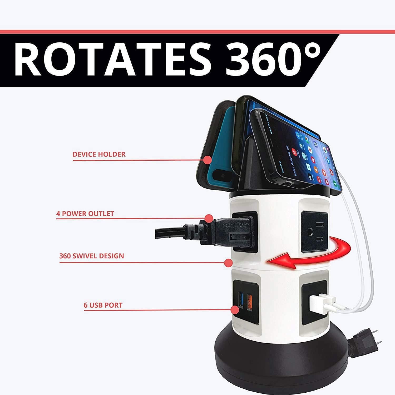 Bell + Howell Spin Power Station de Charge avec Parafoudre – 4 Prises, 6 Ports USB, Cordon Rétractable de 7 Pieds, Support Téléphone Intégré