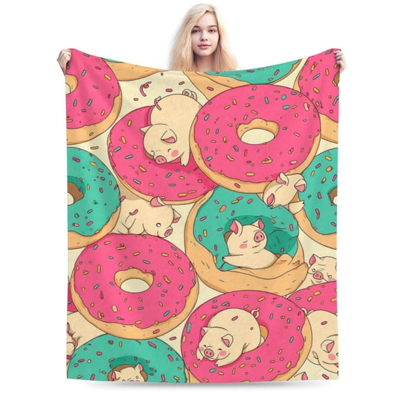 Kawaii Pig & Donut Throw Blanket, Cute Foodie Pattern Artwork, Playful and Sweet Cozy Home Decor 50x40